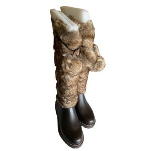LANDSEND Women’s Lace Up Faux Fur Tall Leather Boots With Pom Poms, Zip Closure